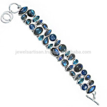 Flashy Swiss Blue Topaz Labradorite Kyanite Gemstone &amp; 925 Sterling Silver Designer Bracelet